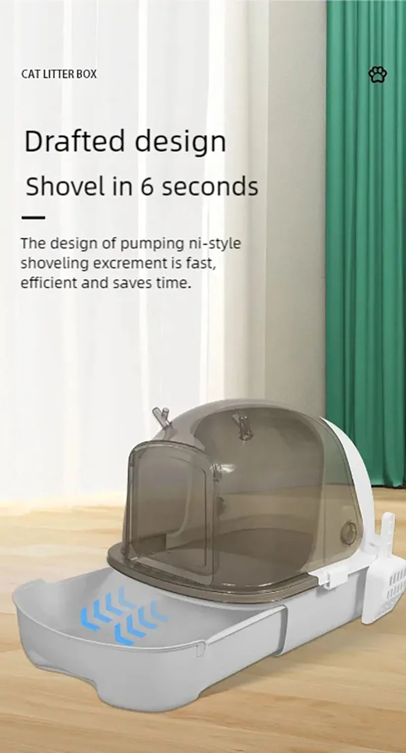 Extra-large semi-enclosed cat litter box by MC THE BLACK DIAMOND featuring a drawer-style design for easy cleaning.