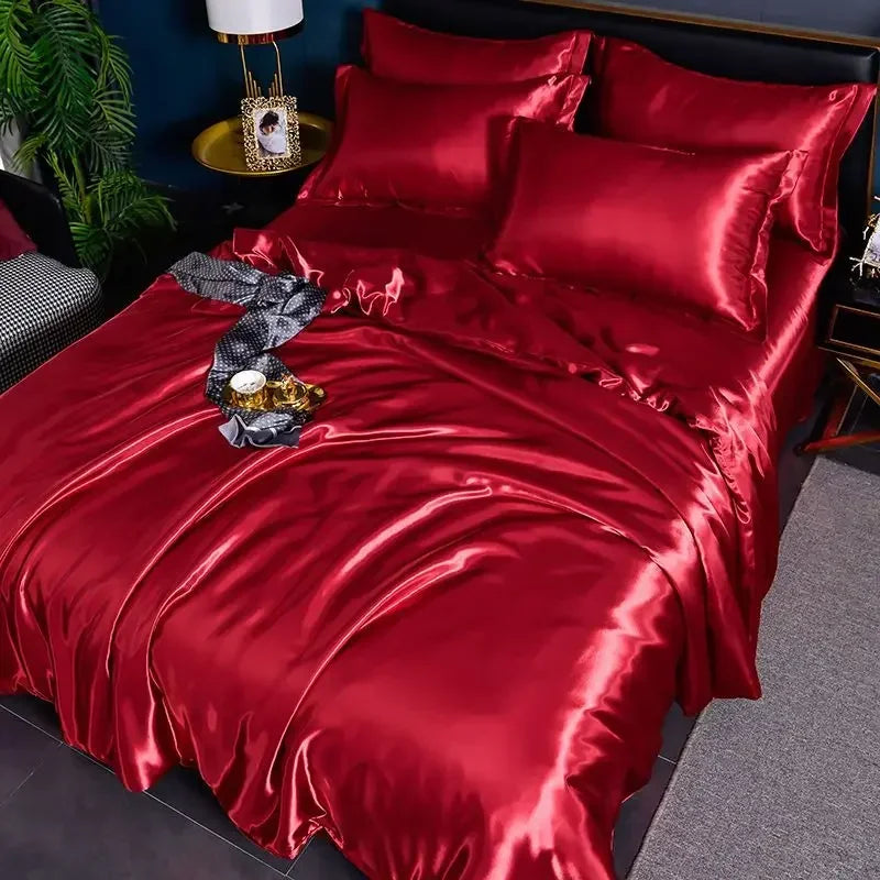 Luxury MC THE BLACK DIAMOND Nordic satin silk bedding set with duvet cover, bedsheet, and pillowcases in solid design.