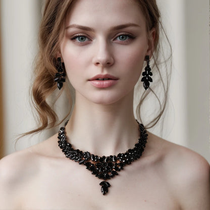 Graceful Black Leaves Jewelry Set Crystal Bridal Gift for Wedding Boho Design Rhinestone Necklace Earrings Set Piercing Handmade - https://mohammadcollection.com