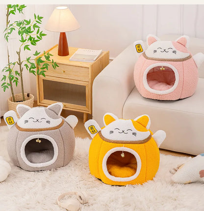 Lucky Fortune Cat Pet Bed - Winter Warm Semi-Open Fleece Round Bed for Cats &amp; Dogs | Cozy Lucky Pet House, Soft Cushioned Kennel - https://mohammadcollection.com