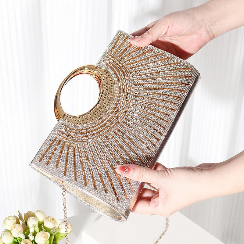 Elegant black clutch bag with sparkling rhinestones, diamond accents, chain strap, perfect for evening and wedding parties.