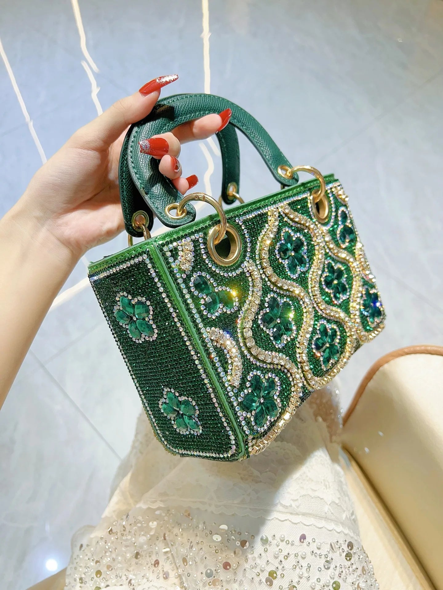 Handmade light luxury women's evening handbag styled as a scarf from Mohammad Collection with elegant fabric and detailed design.