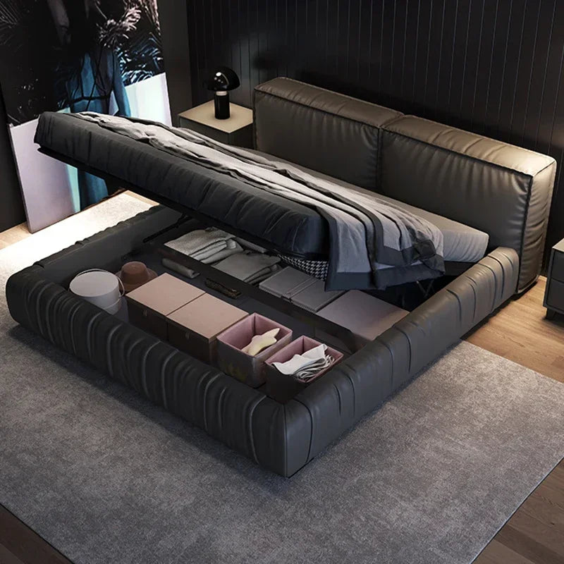 Modern platform bed with multifunctional storage and massage headboard, designed for children, by MC THE BLACK DIAMOND.