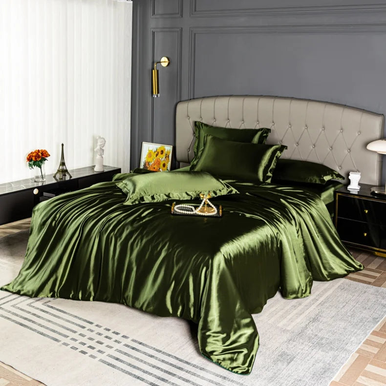 Black satin bedding set with smooth, skin-friendly quilt cover in solid color, perfect for stylish home decor.