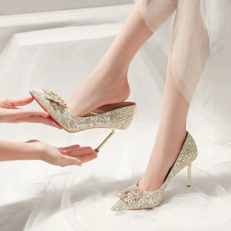 Elegant women's high heel shoes by Mohamad Collection featuring crystal accents, pointed toe, and shallow mouth for formal occasions.