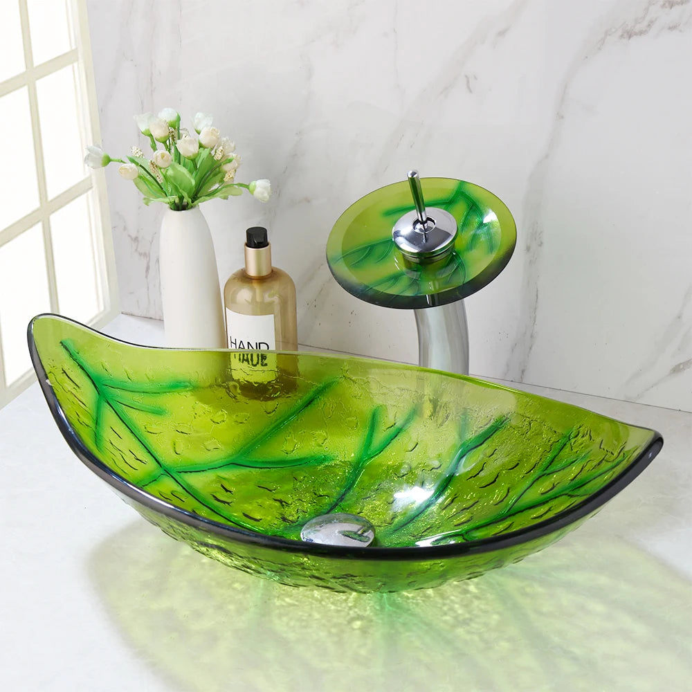 Green leaf-shaped vessel bathroom sink by MC The Black Diamond, featuring a stylish and modern design for contemporary bathrooms.