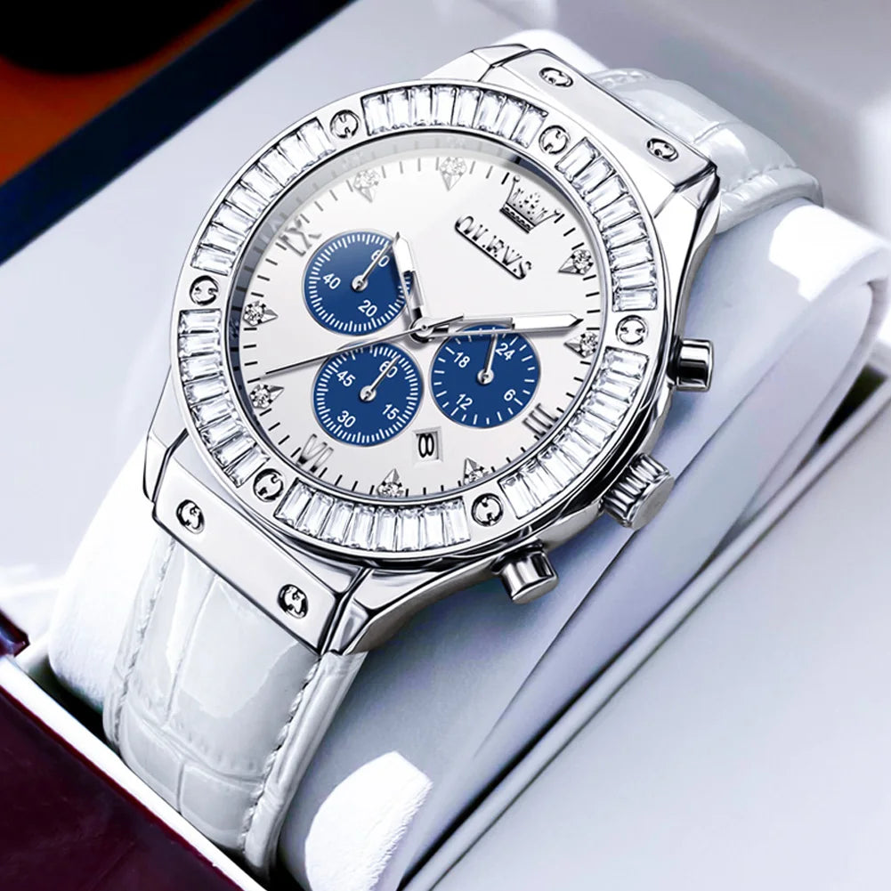 Elegant women's leather strap watch by Mohamad Collection featuring a diamond bezel, waterproof quartz movement, and chronograph functions.
