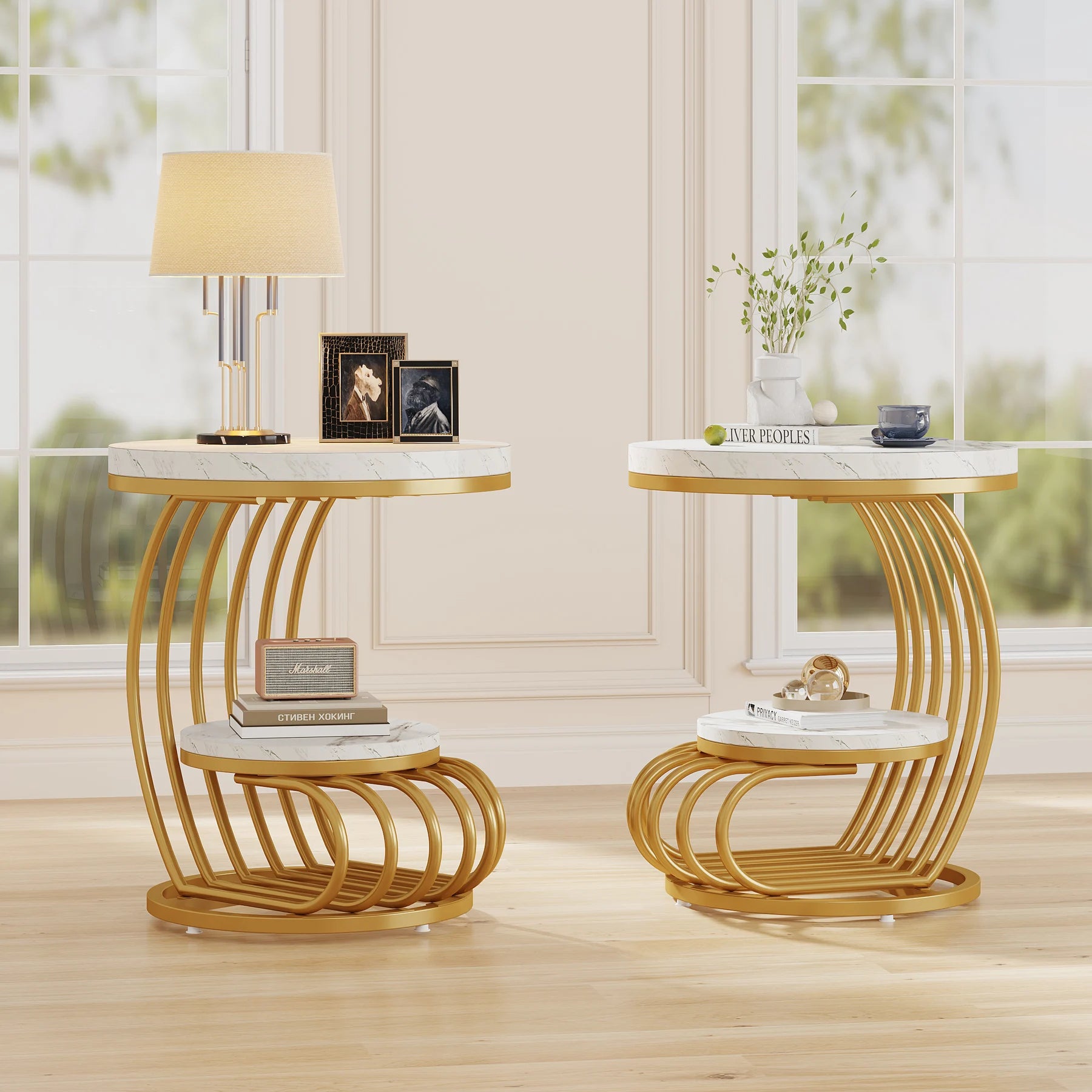 Tribesigns gold round end table with two tiers, faux marble surface, and storage shelf, modern white gold bedside nightstand.