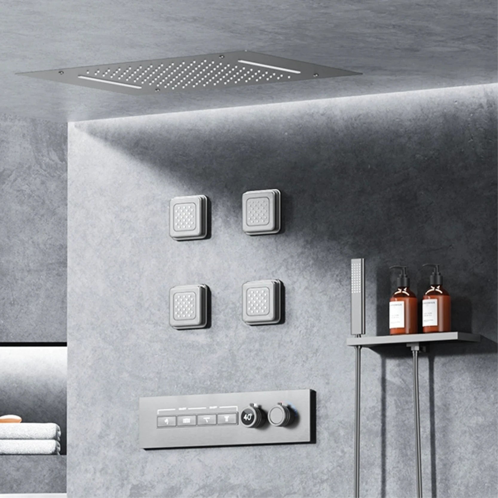 Luxury gray brass shower system with ceiling design, hidden LED display, dual hot and cold controls, bathroom faucet by 𝕄𝕮 𝕋𝕙𝕖 𝔹𝕝𝕒𝕔𝕜 𝔻�