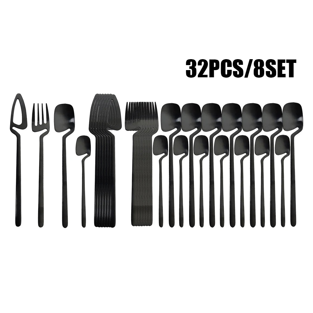 Black matte stainless steel cutlery set with forks, knives, and spoons from 𝕄𝕔 𝕋𝕙𝕖 𝔹𝕝𝕒𝕔𝕜 𝔻𝕚𝕒�