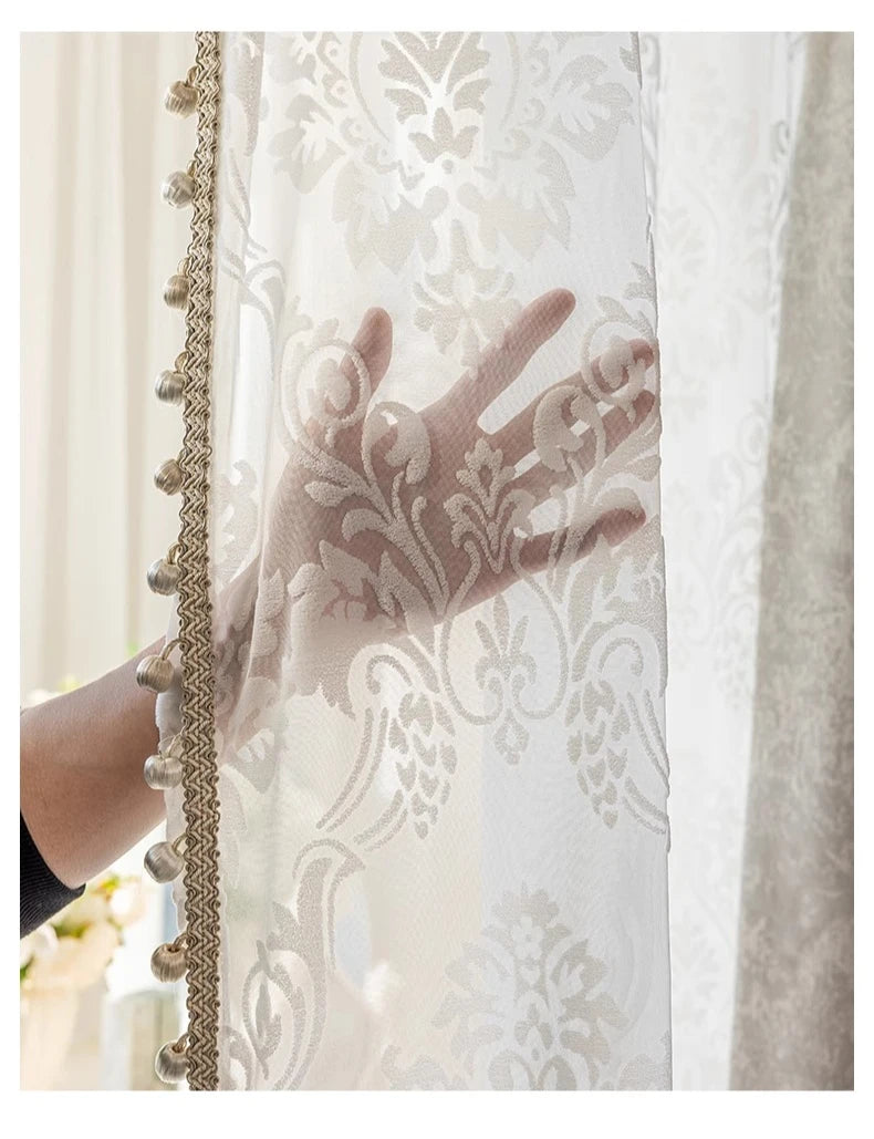 Beige jacquard chenille curtains by MC THE BLACK DIAMOND, ideal for living rooms, bedrooms, and balconies with custom window valance.