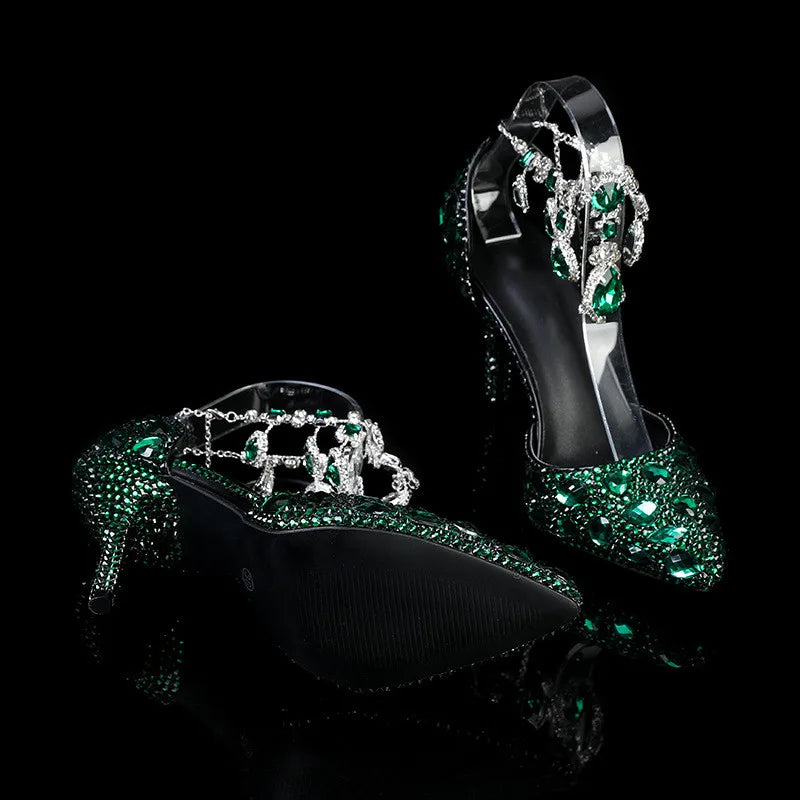 Elegant MC THE BLACK DIAMOND crystal pendant banquet high heels for prom and wedding, featuring sparkling embellishments and sleek design.