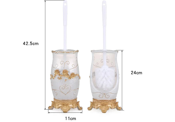European resin bathroom set including soap dispenser, toothbrush holder, cup, soap dish, toilet brush, and wastebin in home decor style