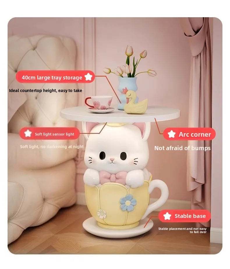 Kawaii Room Decor Coffee Table Sofa Side Table Girl Bedroom Nightstand Cartoon Cat Floor Decoration Cream Living Room Furniture - https://mohammadcollection.com