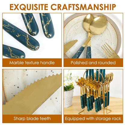Stainless steel 24-piece tableware set with holder, includes forks, knives, and spoons, mirror polished for six diners.