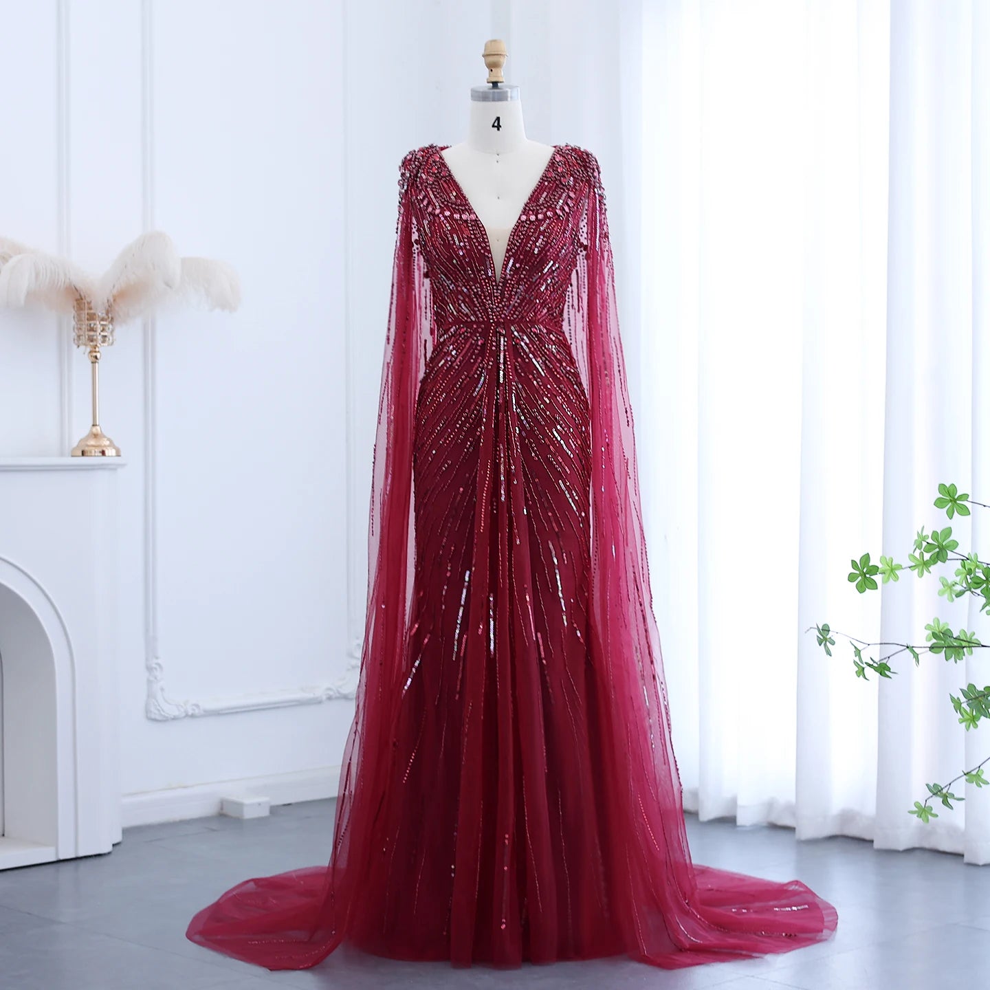 Luxury Dubai Sage Green Evening Dresses with Cape Fuchsia Crystal Gold Women Wedding Party Gowns SS399 Customized
