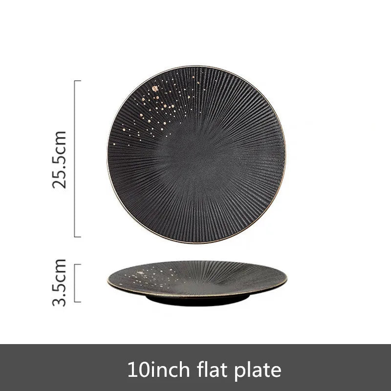 Black porcelain dinner plates with gilt rims from 𝕄𝕔 𝕋𝕙𝕖 𝔹𝕝𝕒𝕔𝕜 𝔻𝕚𝕒𝕞𝕠𝕟