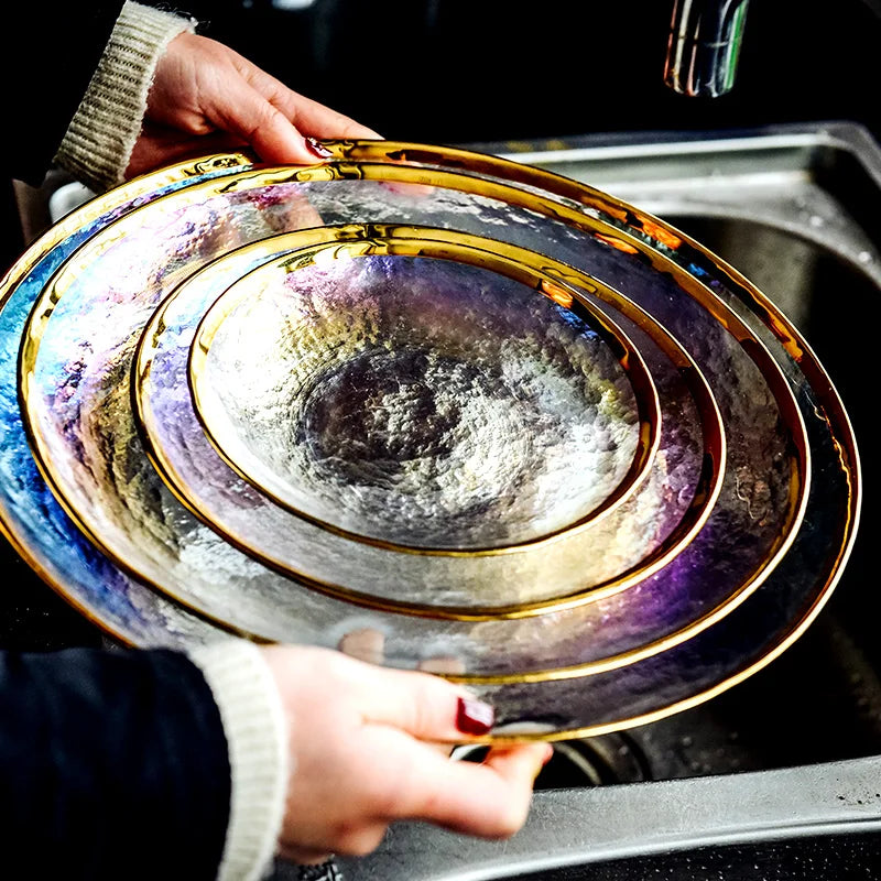 Thick rainbow glass dinner plate with gold inlay, featuring kitchen tableware design by 𝕄𝕔 𝕋𝕙𝕖 𝔹𝕝𝕒𝕔𝕜 𝔻𝕚𝕒