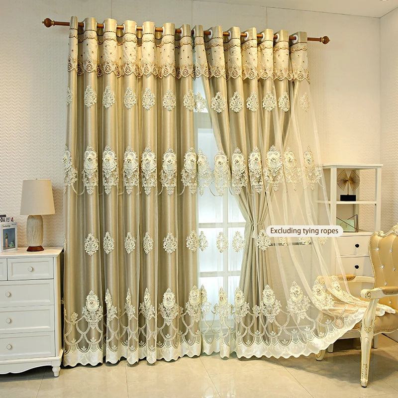 Elegant Double-Layer Curtains with Embossed Base &amp; 3D Embroidered Detailing Decorative Blackout Drapes for Bedroom/Living Room - https://mohammadcollection.com