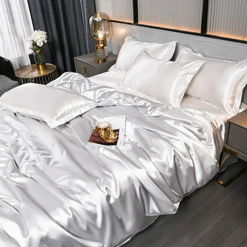 Luxury Nordic satin silk bedding set with duvet cover, bed sheet, and pillowcases by MC THE BLACK DIAMOND for cozy home decor.