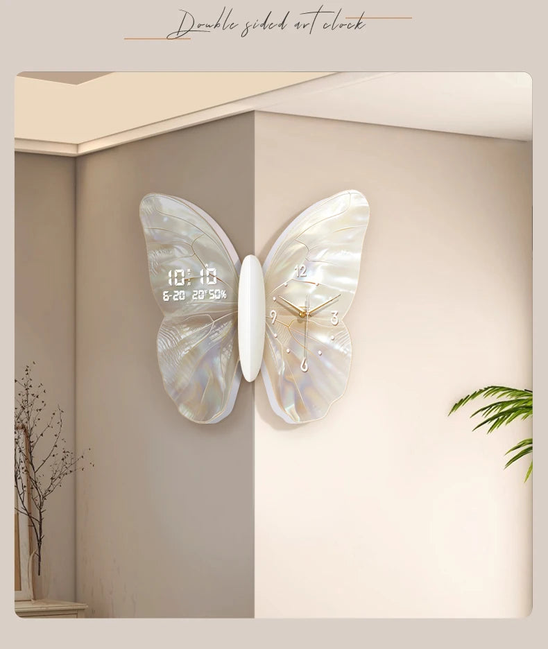 Modern double-sided wall clock by MC THE BLACK DIAMOND featuring a butterfly design and digital display for living room decor.