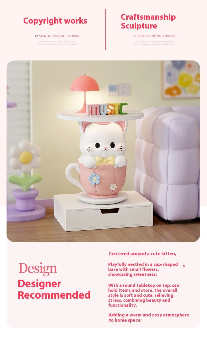 Kawaii Room Decor Coffee Table Sofa Side Table Girl Bedroom Nightstand Cartoon Cat Floor Decoration Cream Living Room Furniture - https://mohammadcollection.com