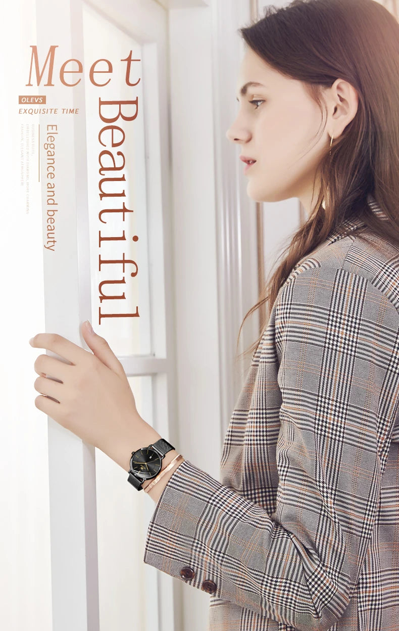 OLEVS minimalist ladies' watch with leather strap, waterproof quartz movement, featuring a clean dial and date display.