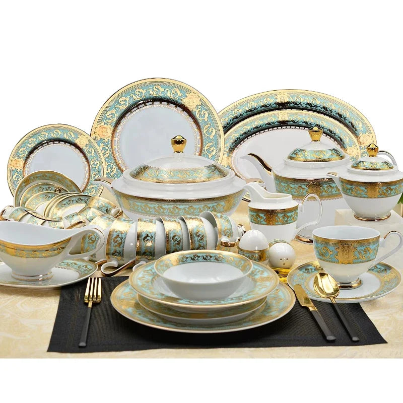 Embossed gold porcelain dinnerware set by MC THE BLACK DIAMOND featuring luxury bone china with intricate gold detailing.