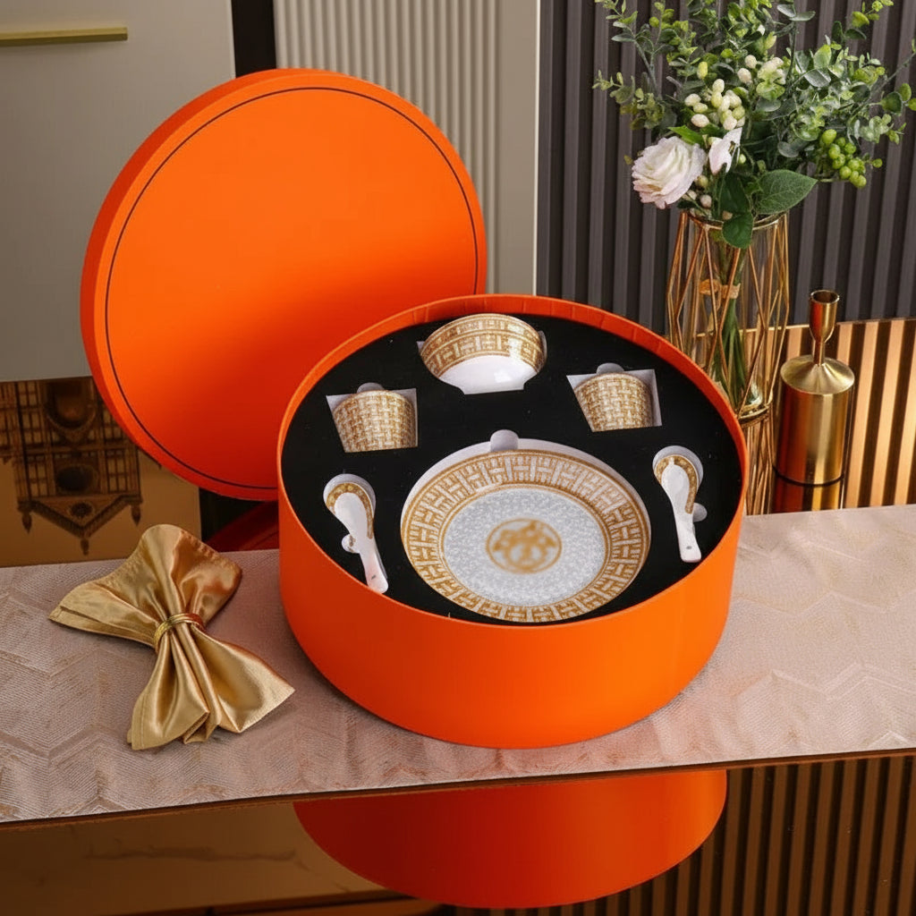 European style gray H horse drawn cart tableware set with bone china bowls, plates, spoons, in a circular gift box.