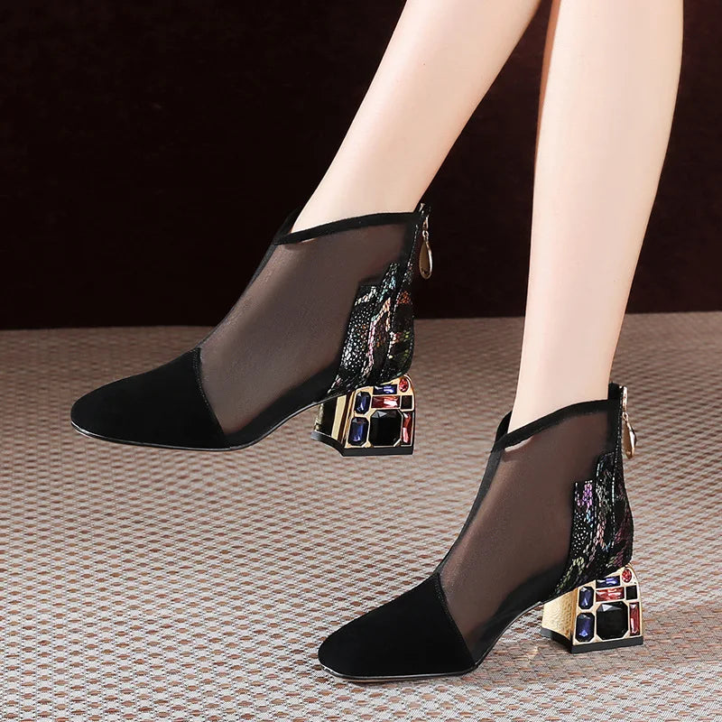 Luxury rhinestone summer ankle boots for women with mesh, pointed toe, thick heel, and casual style from Mohammad Collection.