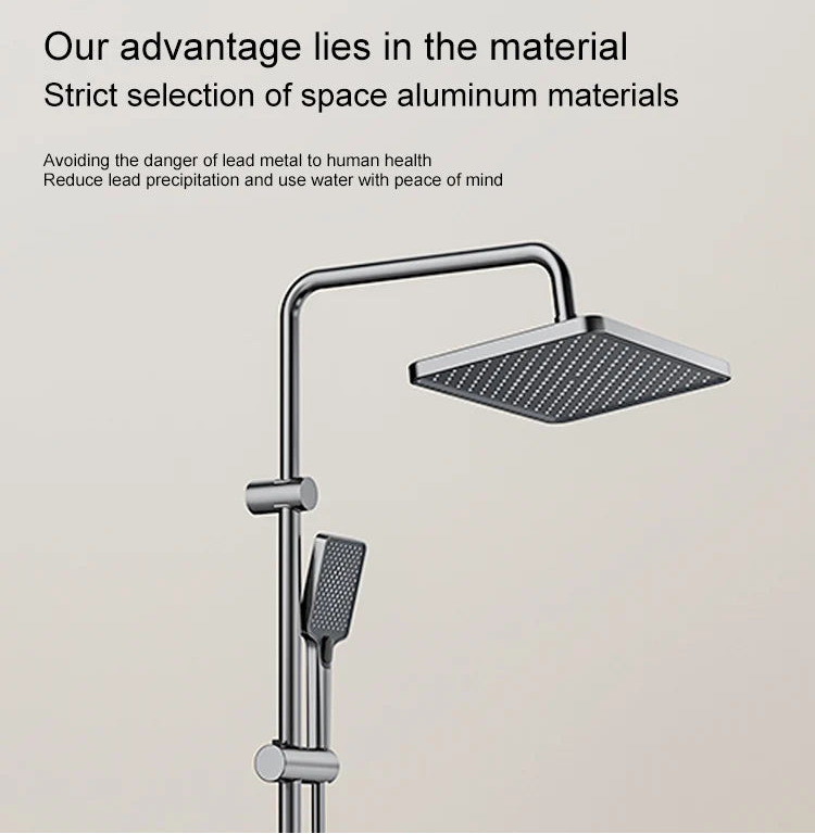 Grey MC THE BLACK DIAMOND shower column with digital display, rain faucet, and ambient lighting for modern bathroom shower system.