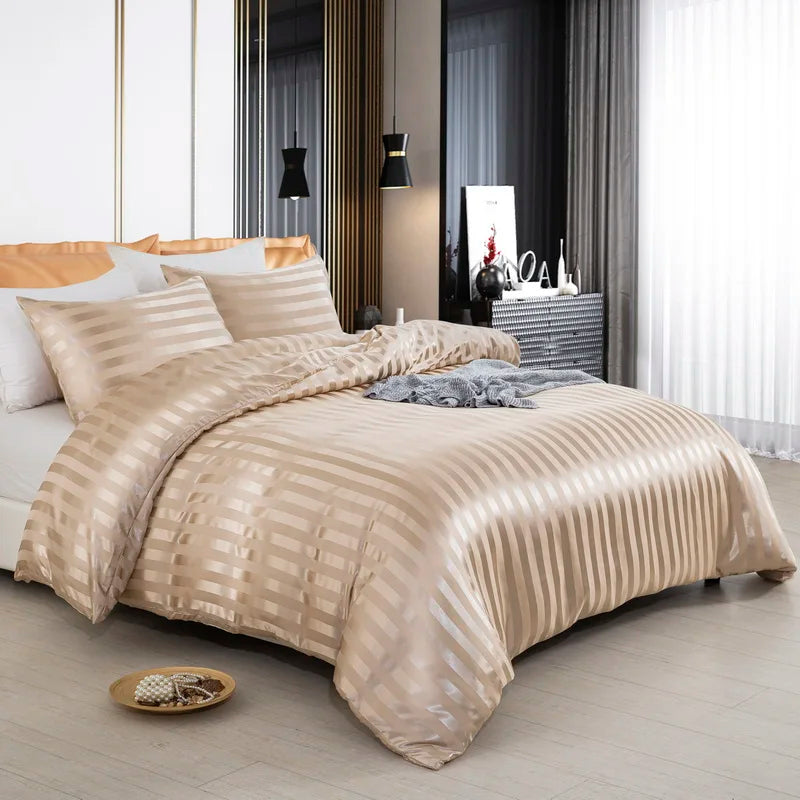 Luxury satin striped duvet cover set in ivory white with silky feel, available in full, queen, king, single, and double sizes.