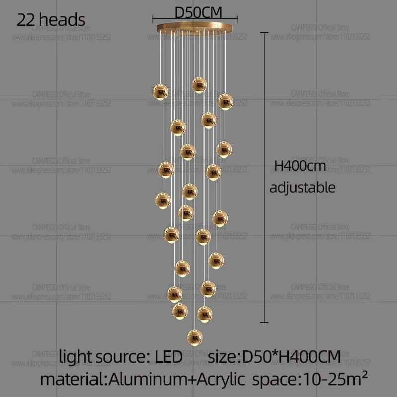 MC THE BLACK DIAMOND modern LED staircase pendant light hanging in a living room, showcasing sleek design and warm illumination.