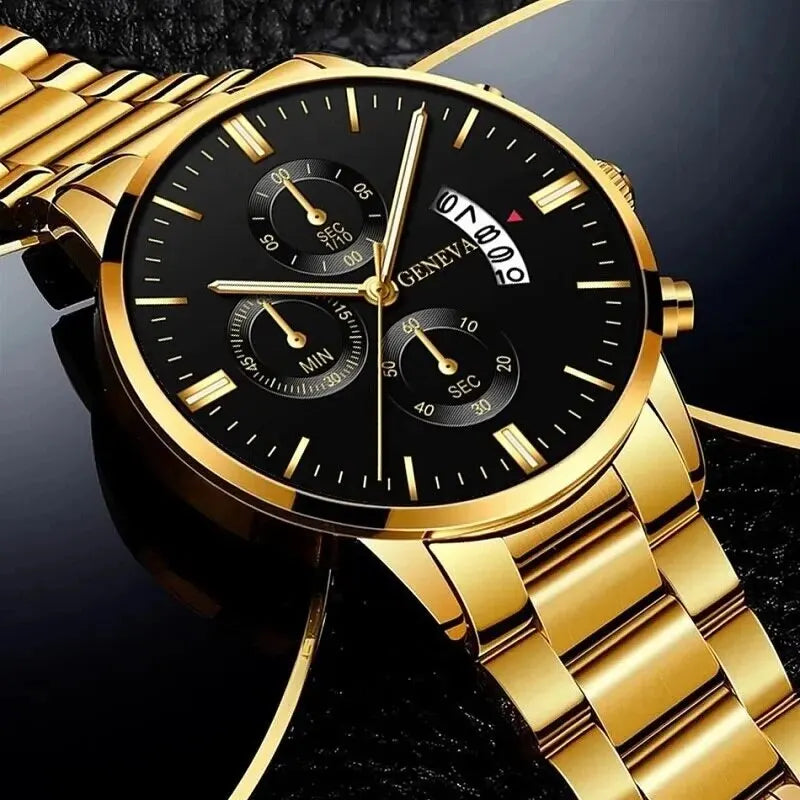 Luxury men's stainless steel wristwatch by MC The Black Diamonds featuring a calendar and quartz movement, perfect for business or casual wear.