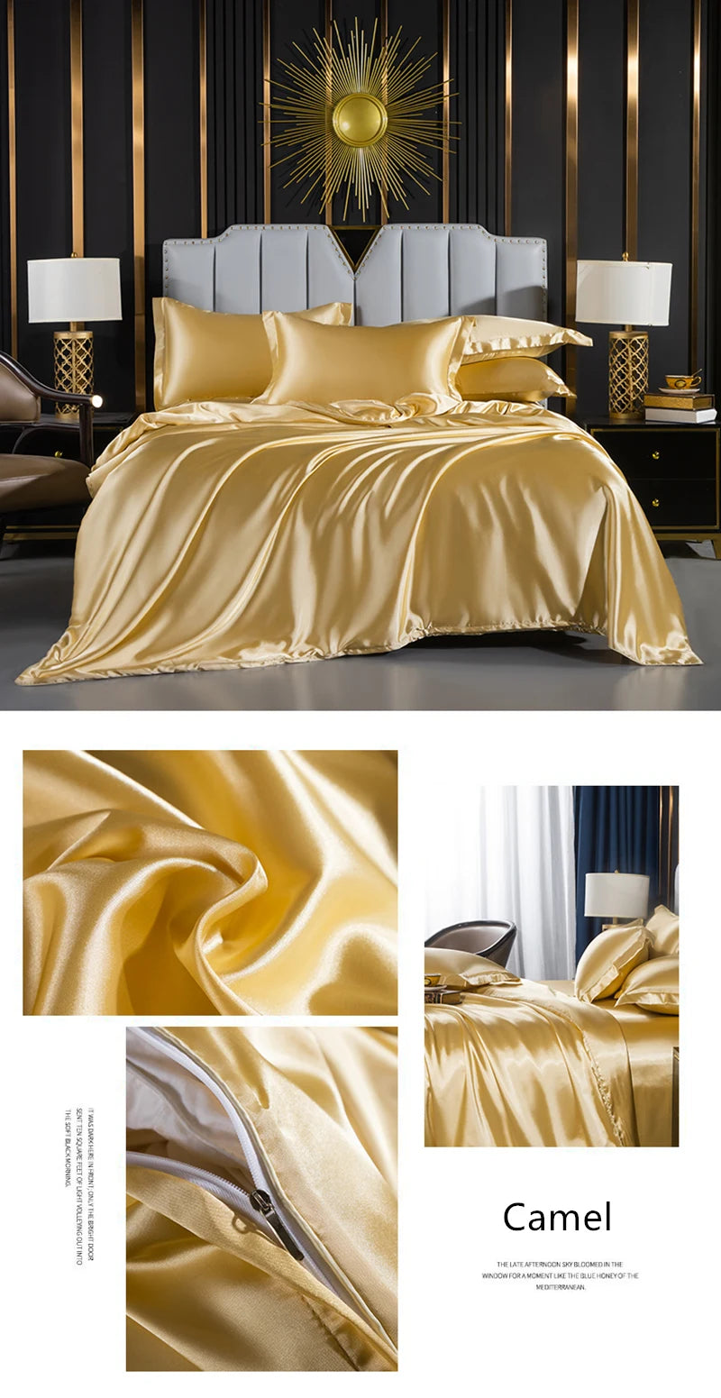 Luxury solid silk bedding set with duvet cover, fitted sheet, pillowcases, and flat sheet from 𝕄𝕔 𝕋𝕙𝕖 𝔹𝕝𝕒𝕔𝕜 𝔻𝕚�