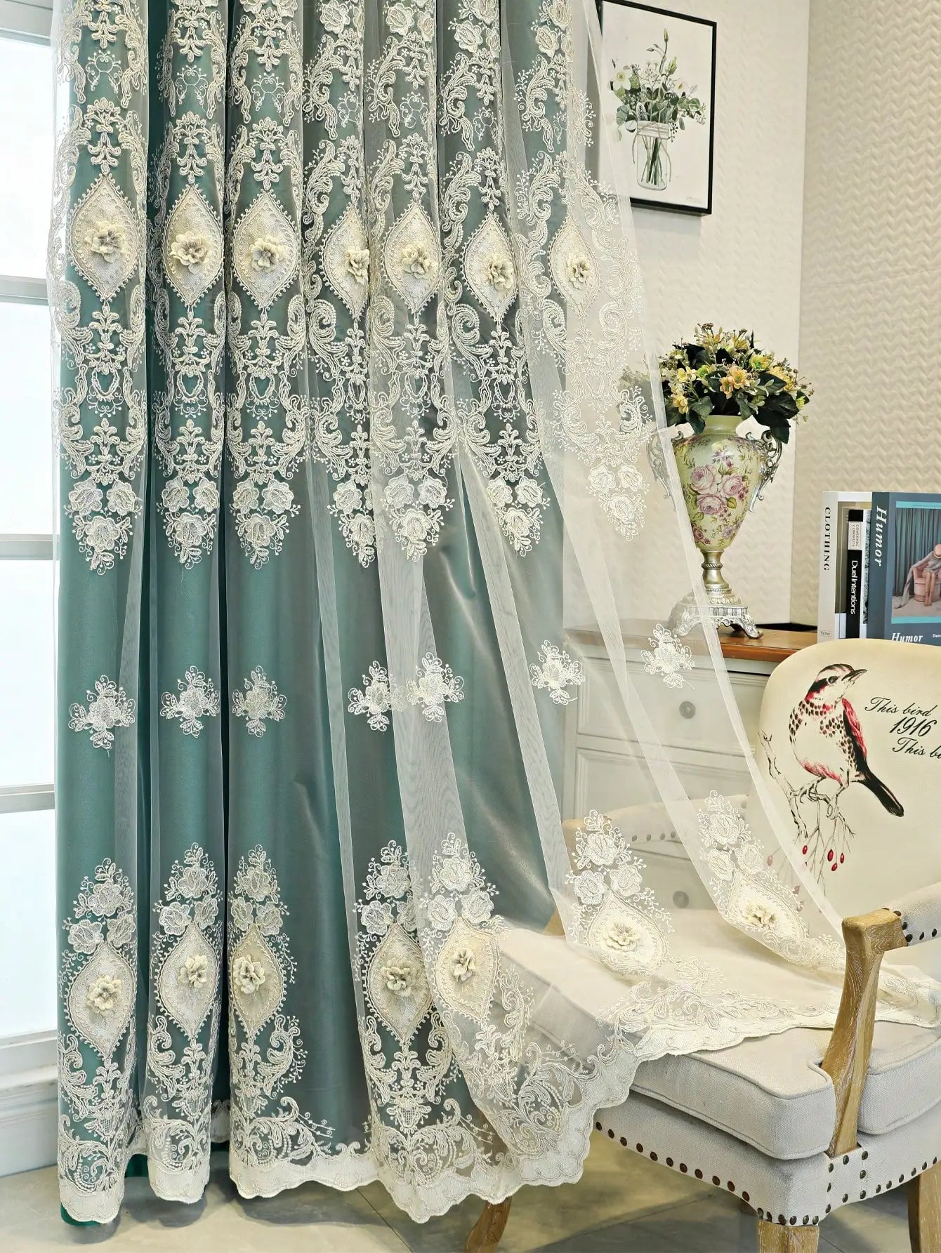 1PC Curtains,Luxury vintage-style embroidered curtains with 3D relief patterns, dual-layer design for privacy and light control - https://mohammadcollection.com