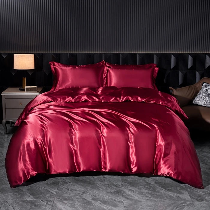 Solid silk bedding set with duvet cover, sheets, and pillowcases by 𝕄𝕔 𝕋𝕙𝕖 𝔹𝕝𝕒𝕔𝕜 𝔻𝕚𝕒𝕞