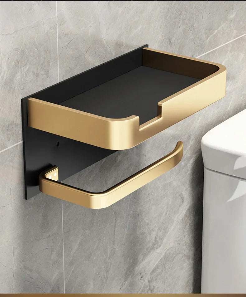 Black Gold Toilet Paper Holder Bathroom Wall Mount Multifunction WC Phone Towel Roll Shelf Accessories - https://mohammadcollection.com