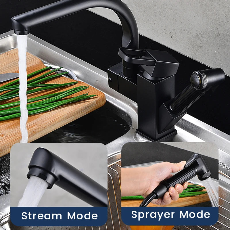 Black deck-mounted kitchen sink faucet with flexible pull-out spout, hot and cold water, chrome finish by MC THE BLACK DIAMOND