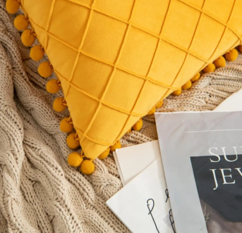Yellow orange velvet lumbar pillow cover with diamond stripes, pompoms, and tassels, 30x50cm, home decor by MC THE BLACK DIAMOND