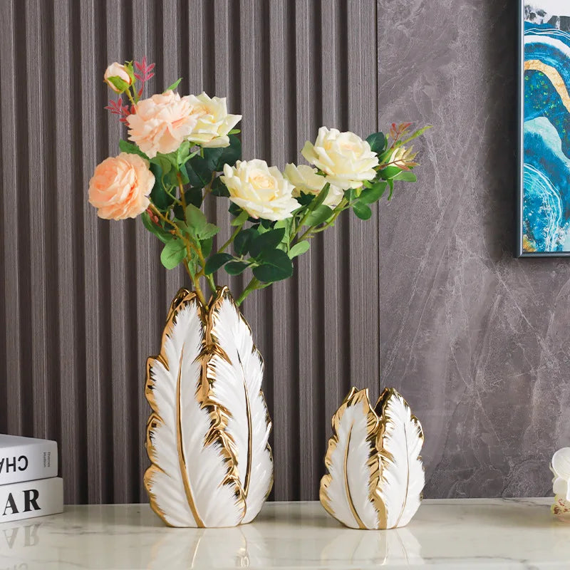 Elegant gold-painted ceramic vase by MC THE BLACK DIAMOND, ideal for living room or porch decor on TV cabinets.