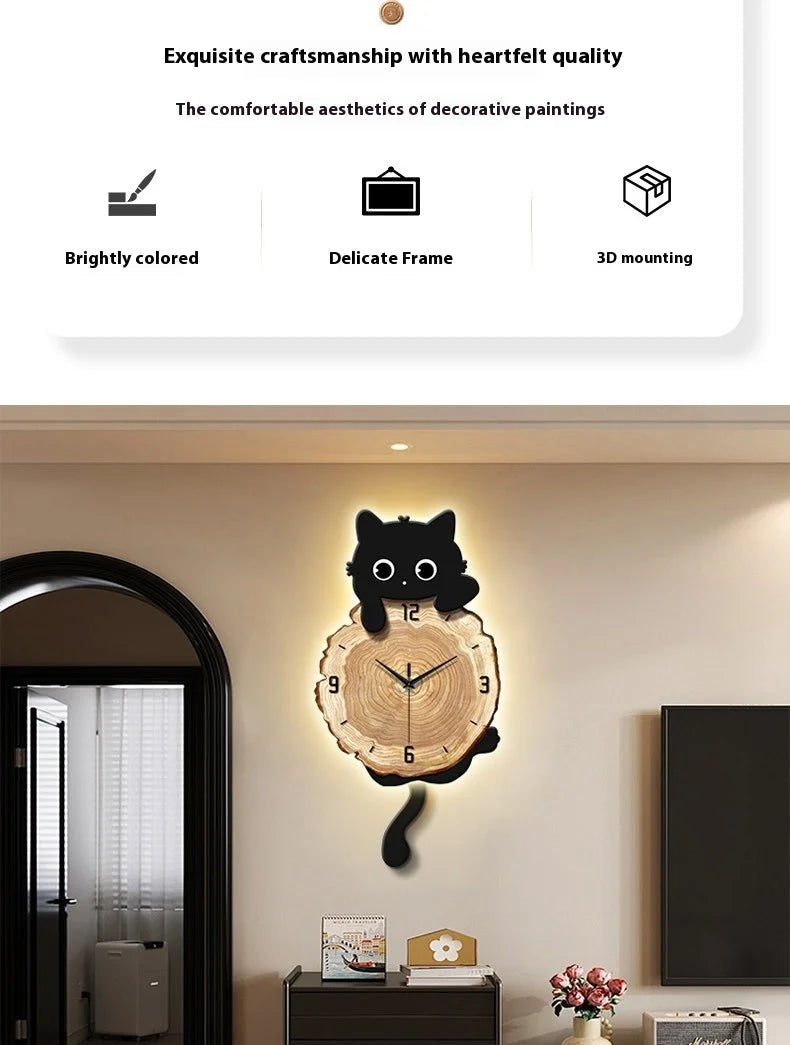 Nordic retro style MC THE BLACK DIAMOND cat wall clock with LED light, creative luminous art for living room decor.