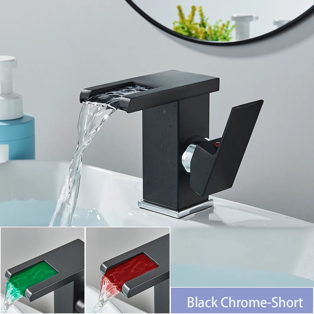 Black brass LED waterfall bathroom sink faucet with single handle, deck-mounted hot and cold water mixer from 𝕄𝕔 𝕋𝕙𝕖 𝔹𝕝𝕒𝕔𝕜 𝔻𝕚�