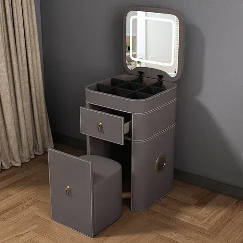 Modern makeup vanity with mirror, drawers, and stool by MC THE BLACK DIAMOND, featuring sleek Nordic style and hotel-inspired furniture.
