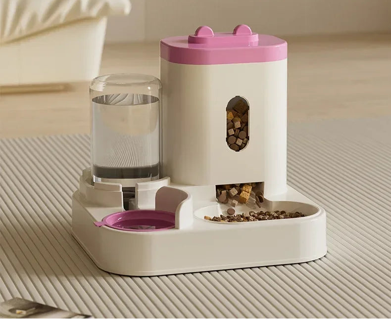 Automatic pet feeder with water fountain from MC THE BLACK DIAMOND, featuring a food bowl and water dispenser for pets.