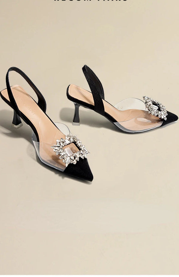 Luxury MC THE BLACK DIAMOND summer women’s high heel shoes with crystal embellishments and open-toe sandal design.