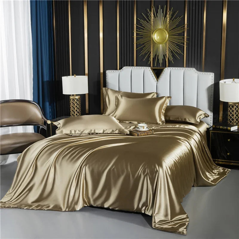Solid silk bedding set with duvet cover, fitted sheet, flat sheet, and pillowcases in luxurious black color by 𝕄𝕔 𝕋𝕙𝕖 𝔹𝕝𝕒𝕔𝕜 𝔻�