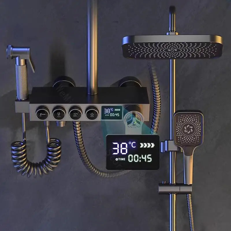 Modern MC The Black Diamonds bathroom shower head set for home, featuring a sleek bath shower system with adjustable temperature controls.