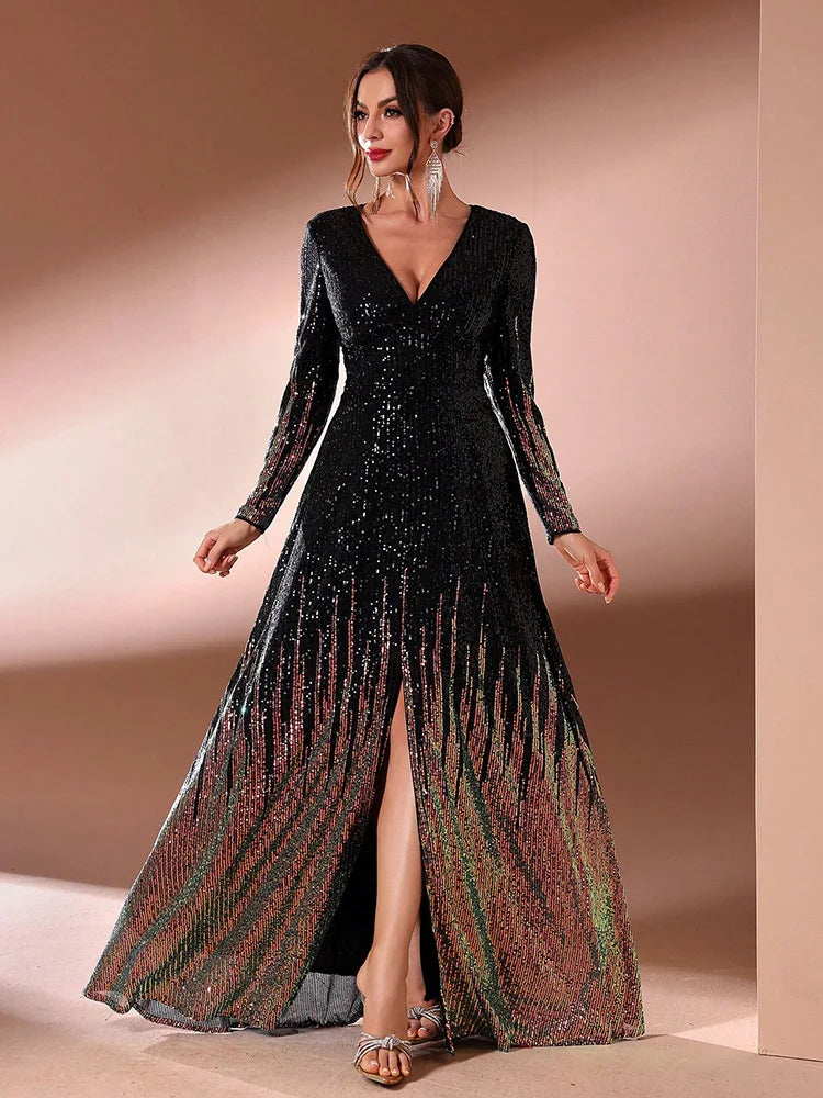 MC Women split hem evening gown by MC THE BLACK DIAMOND, featuring a random cut design and long sleeves for elegant occasions.