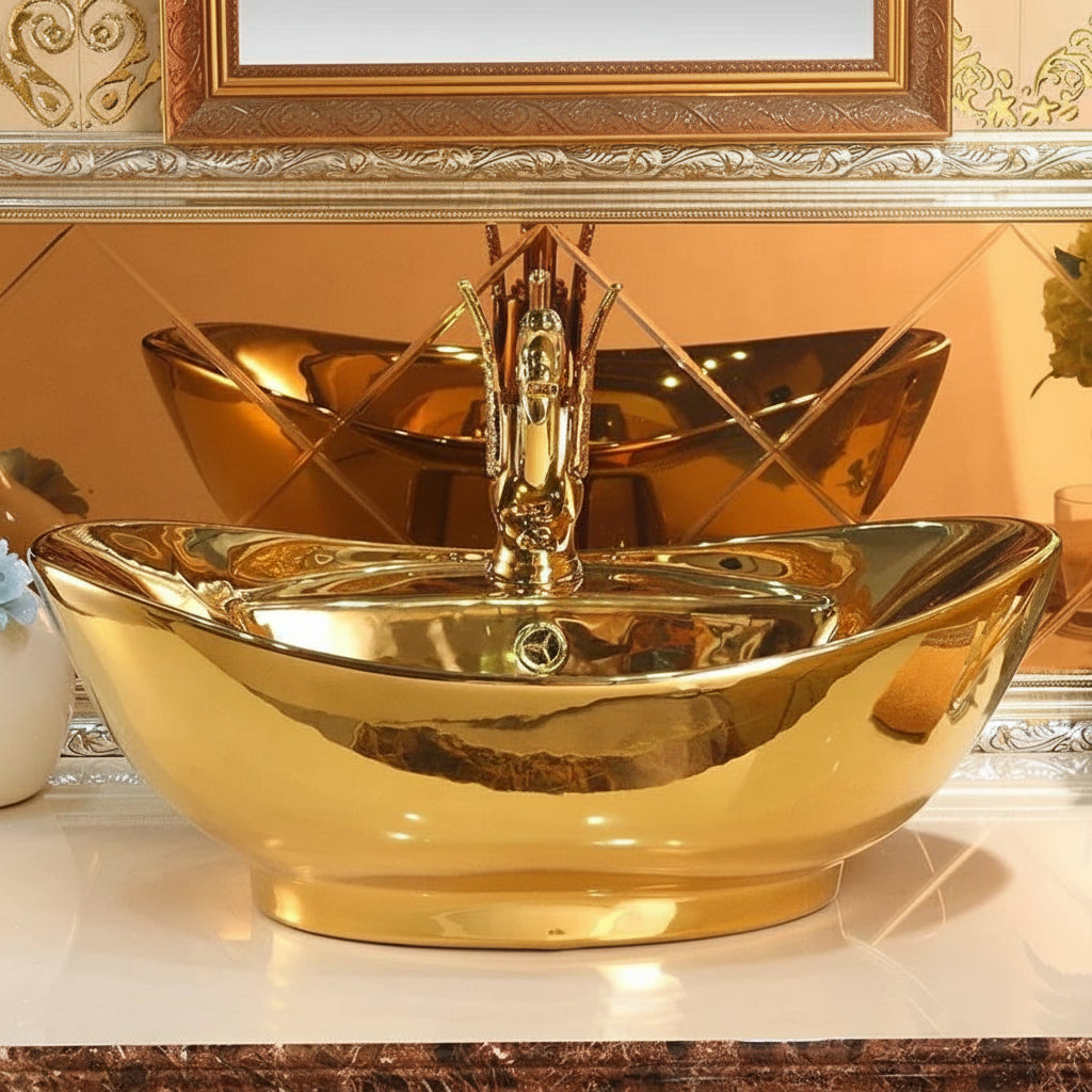 Modern ceramic gold bathroom sink by MC THE BLACK DIAMOND, European-style hand basin with sleek design and contemporary decor appeal.